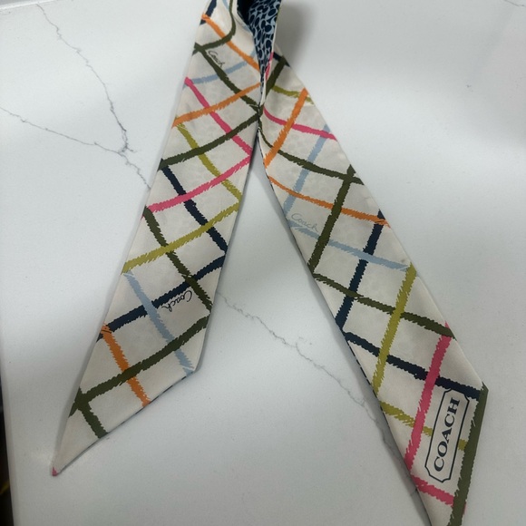 Coach Silk Twilly Bag Scarf Tattersall on one side and C print on other side - Picture 2 of 4